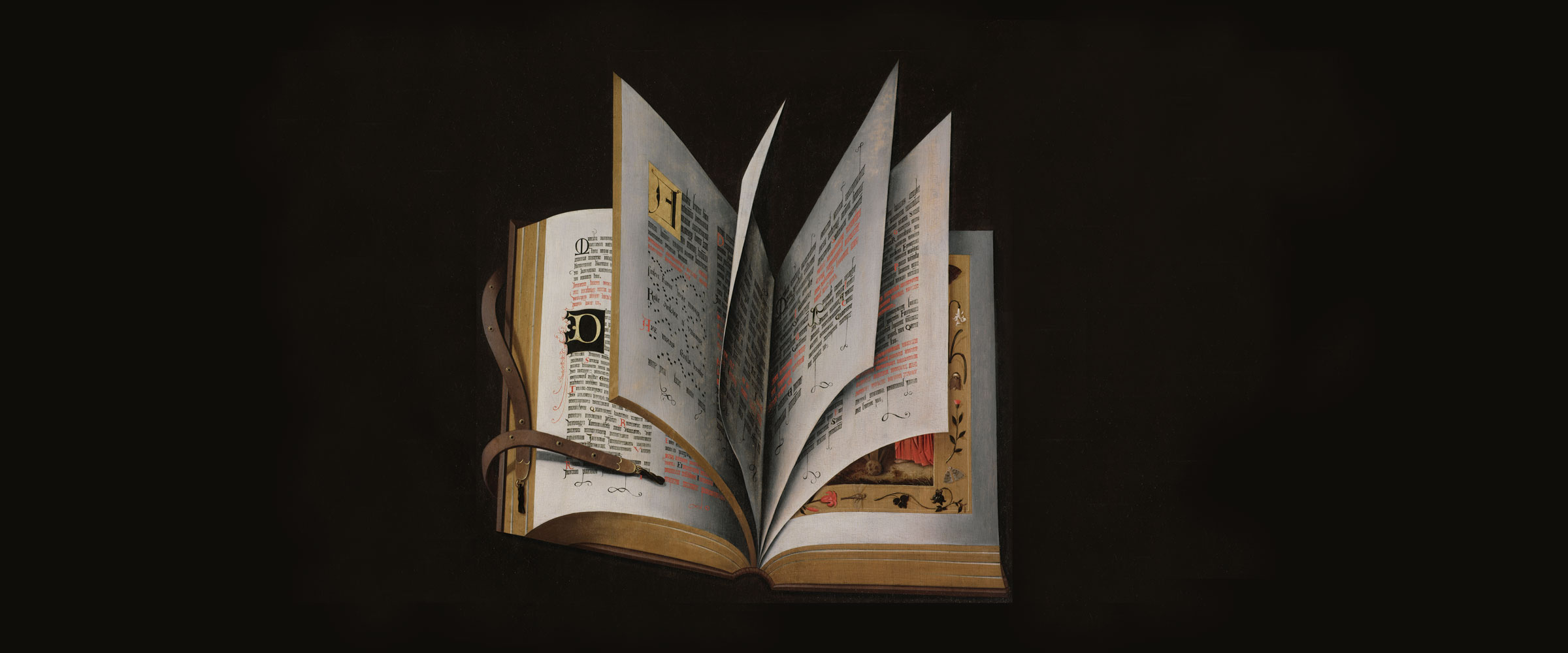 Painting of an open book with pages fanned out