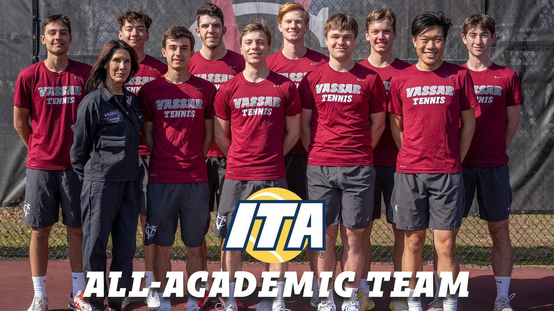 Student athletes and a coach pose for the camera with white text over the image that reads: ITA all-academic team