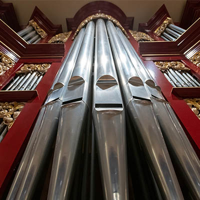 Closeup view of organ pipes
