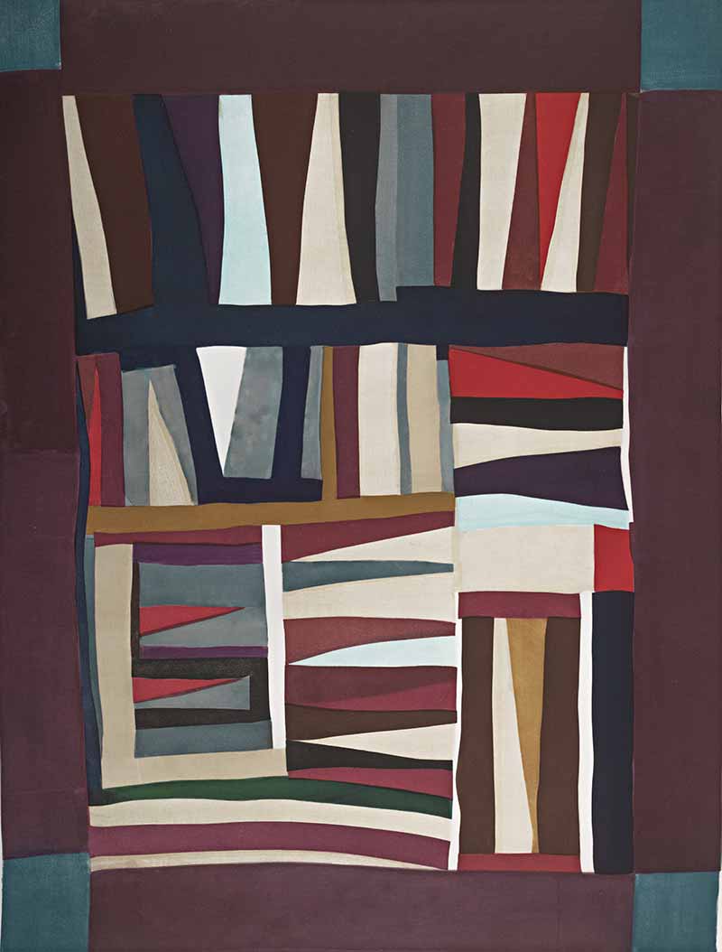 An abstract painting, set in predominantly muted colors: brown, dark green, black, and maroon. The painting shows an abstract but still gridlike arrangement of colored rectangles and triangles that looks vaguely like a shelf filled with books.