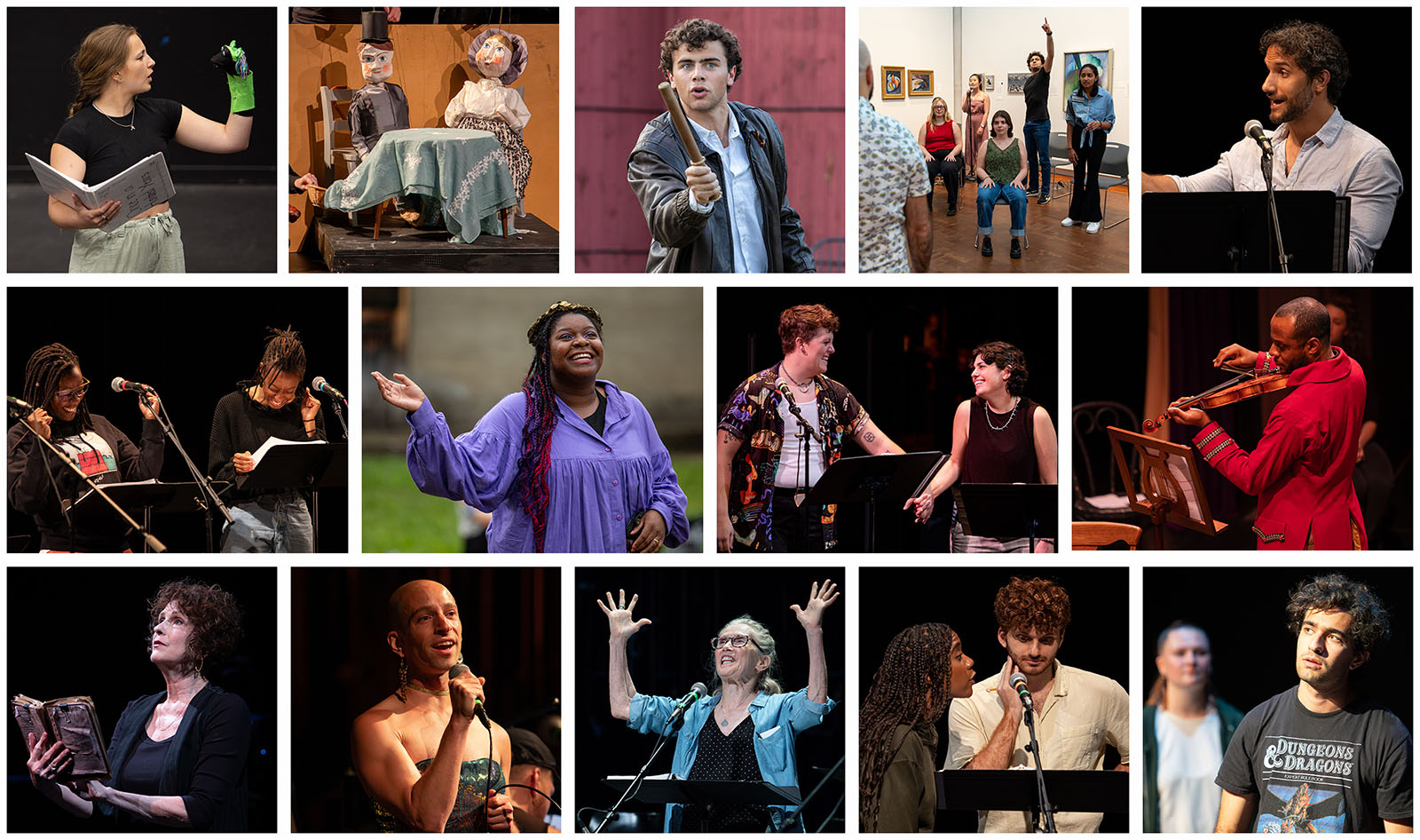 A grid of fourteen photos, depicting people performing in various environments as part of theatrical productions.