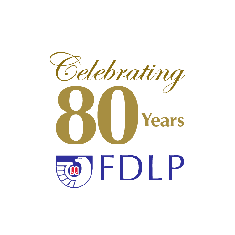 A decorative logo that reads, “Celebrating 80 years, FDLP” with a drawing of an eagle and an open book.