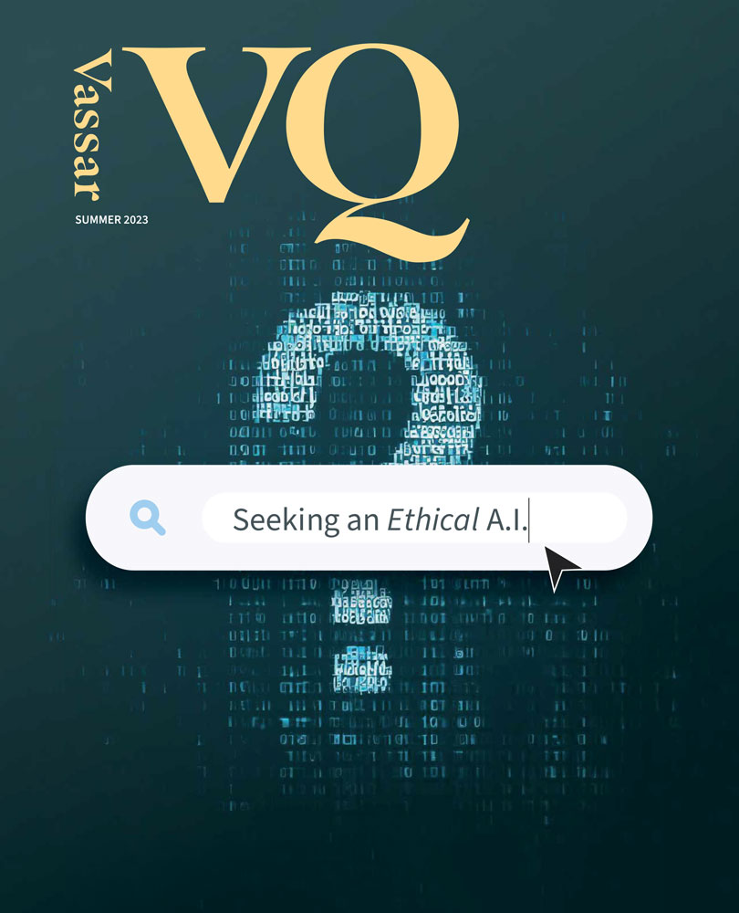 Vassar VQ Summer 2023 magazine cover with large question mark and a search form field with text typed in it reading  Seeking Ethical A.I.