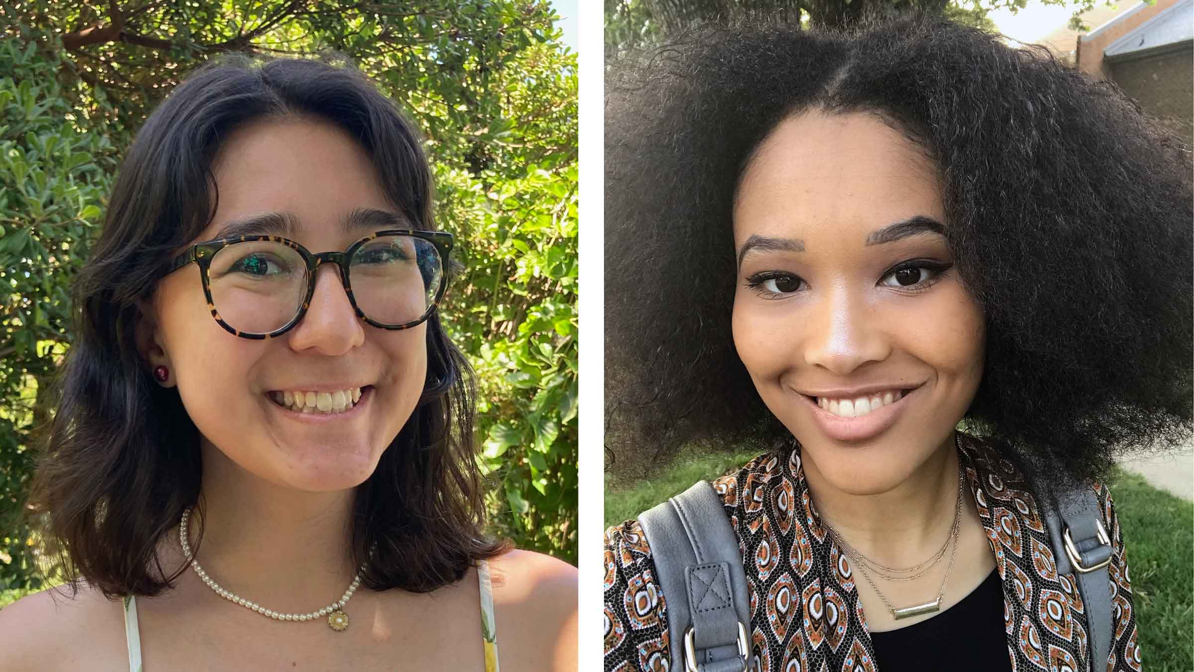 Two headshots side by side of people smiling