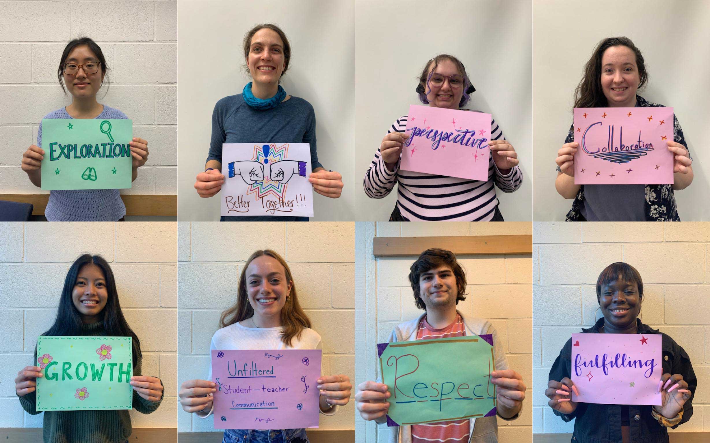 A grid of photos. Each shows a student standing against a wall, smiling and holding a hand-lettered sign with a word on it. Words include “Exploration”, “Better Together”, “Collaboration”, and “Growth”.