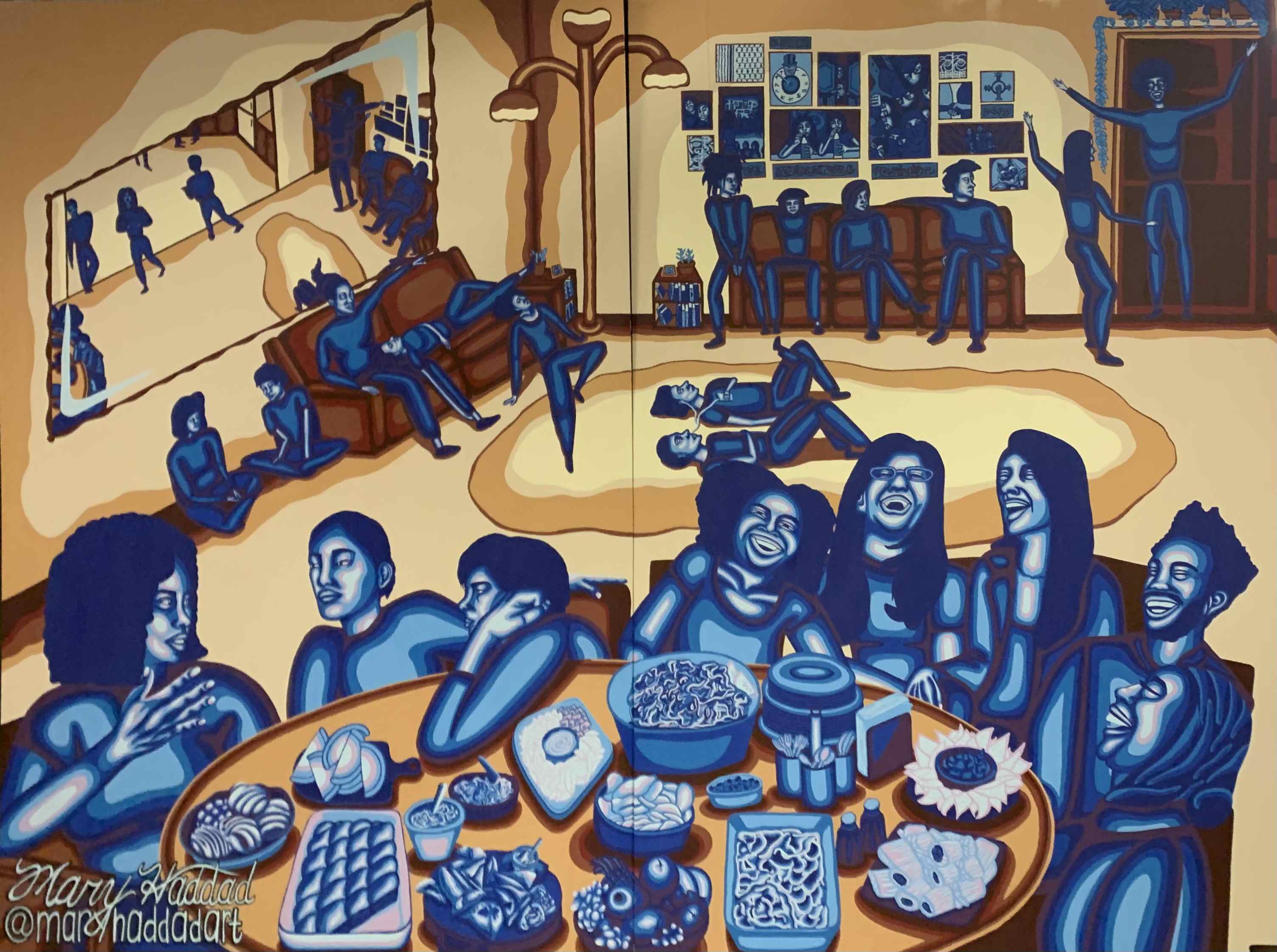 A painting of a large room with a lot of people in it. Some are sitting around a table with food; others are relaxing on couches. Everyone is having a good time.