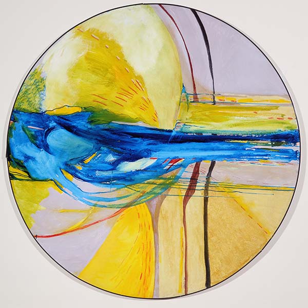 Abstract circular painting with vivid swirls of color