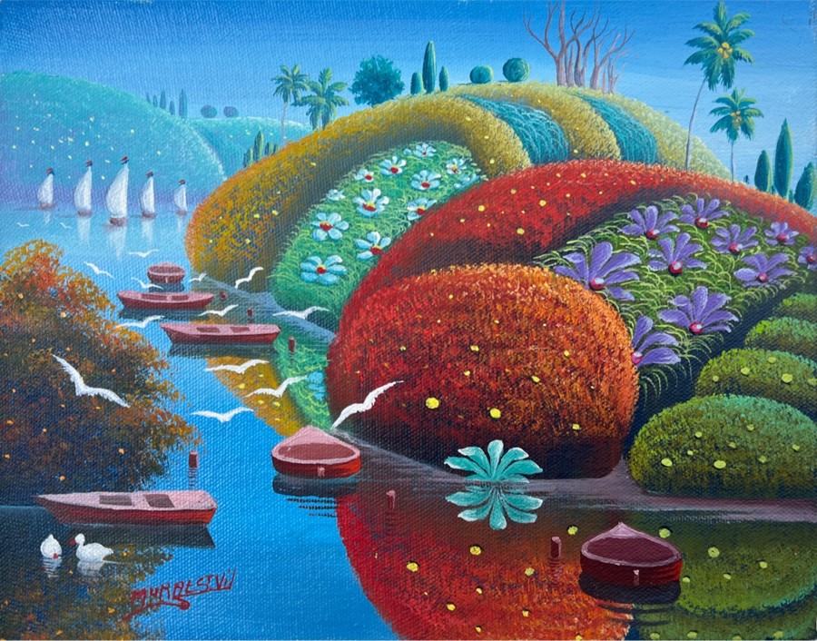 A somewhat surrealistic painting of boats, birds, and flower-covered hills in vibrant colors.