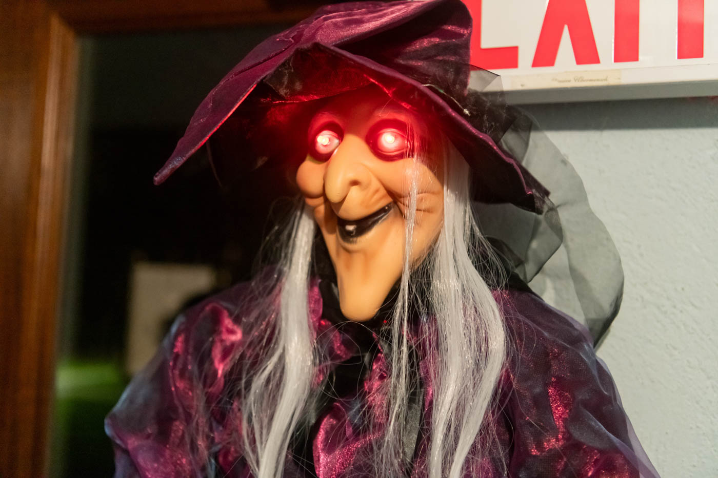 A plastic witch with long gray hair, exaggerated chin and hooked nose, and glowing red eyes.