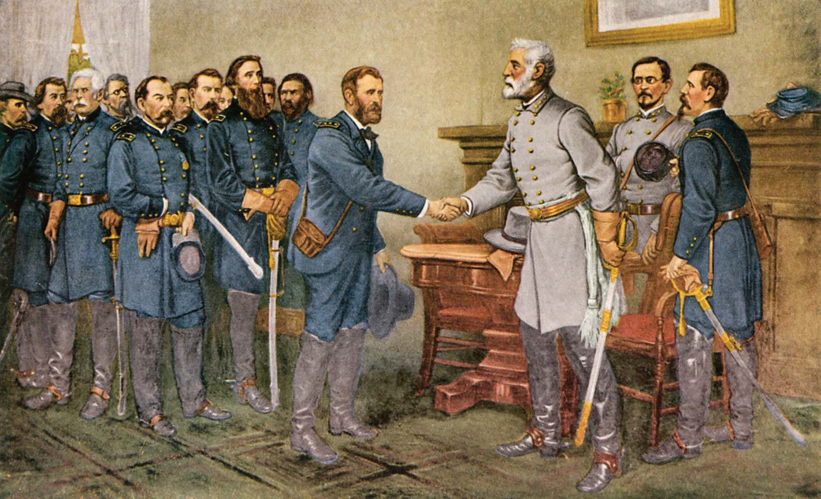 An oil painting depicting the surrender of the Confederacy at Appomattox. The painting shows a roomful of men in 19th-century American military uniforms, both blue and gray, while two men shake hands.