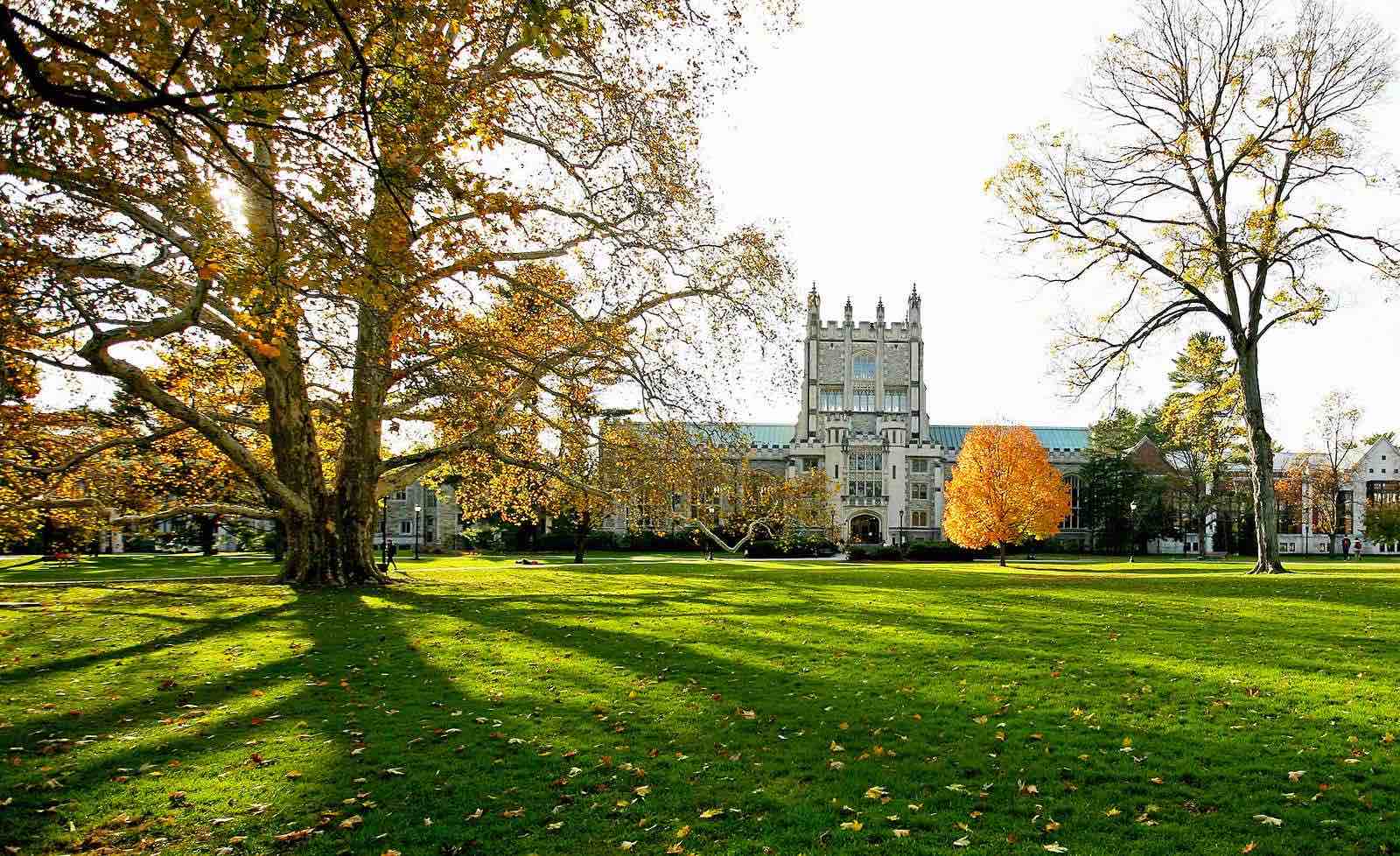 A photograph of a large gothic building on a vast green lawn. The sun is setting.