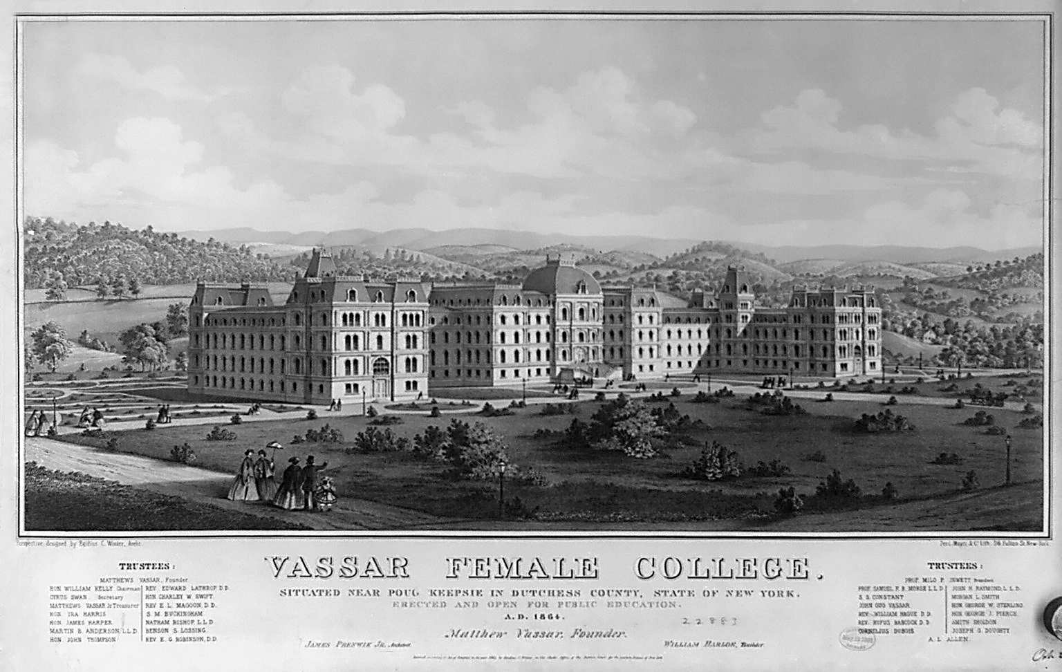 A 19th-century poster of Vassar. This feature is a large engraving of the building and the surrounding woodlands. The building is a large multiple story stone structure. It has the words "Vassar Female College" in large type, and then additional text with the names of all the trustees and the location of the College.