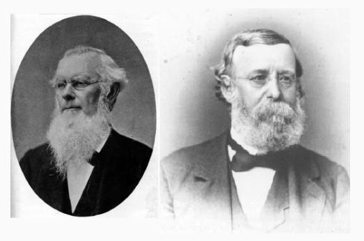 A side-by-side arrangement of two photos. On the left, a black and white photo of Milo Jewett, a person with glasses, short white hair, an enormous white beard but no mustache, and a black jacket. On the right, a black and white photo of John H. Raymond, a person with glasses, short white hair, a large white beard, and a black jacket and bowtie.