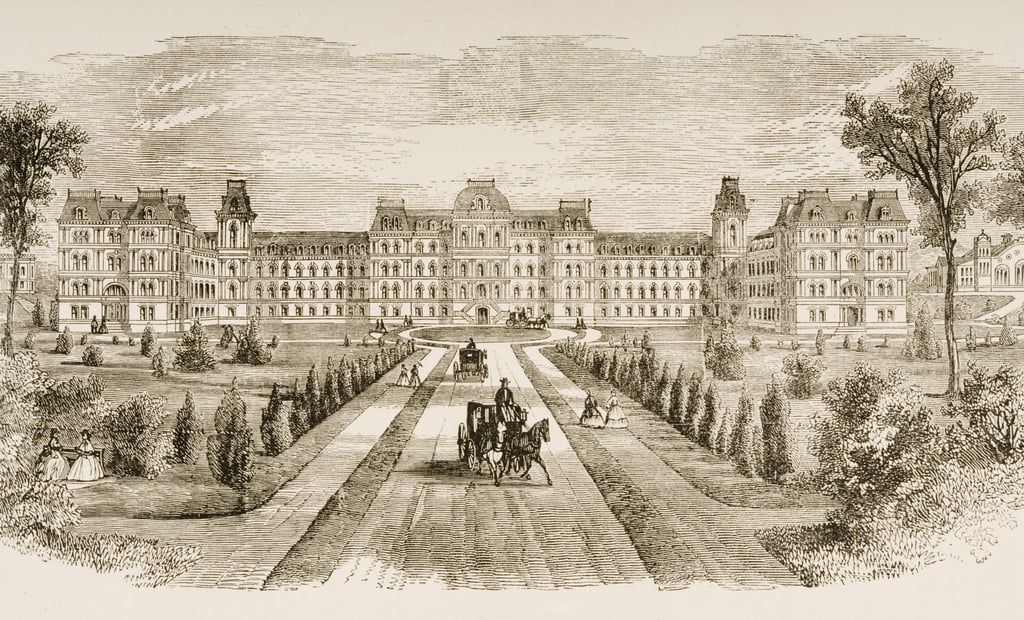 An engraving showing the front of Vassar College, a large spread-out building with multiple stories. In front of the building are lawns with a circular garden area and a long drive on which are horse-drawn carriages.