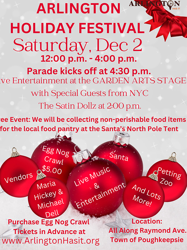 A flyer for the 2023 Arlington Holiday Festival listing the date, time and other details of the event 