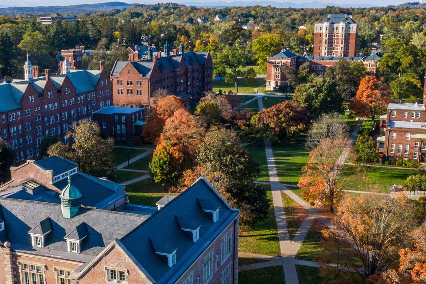 Aerial view of the residential quad of buildings on Vassar campus.
