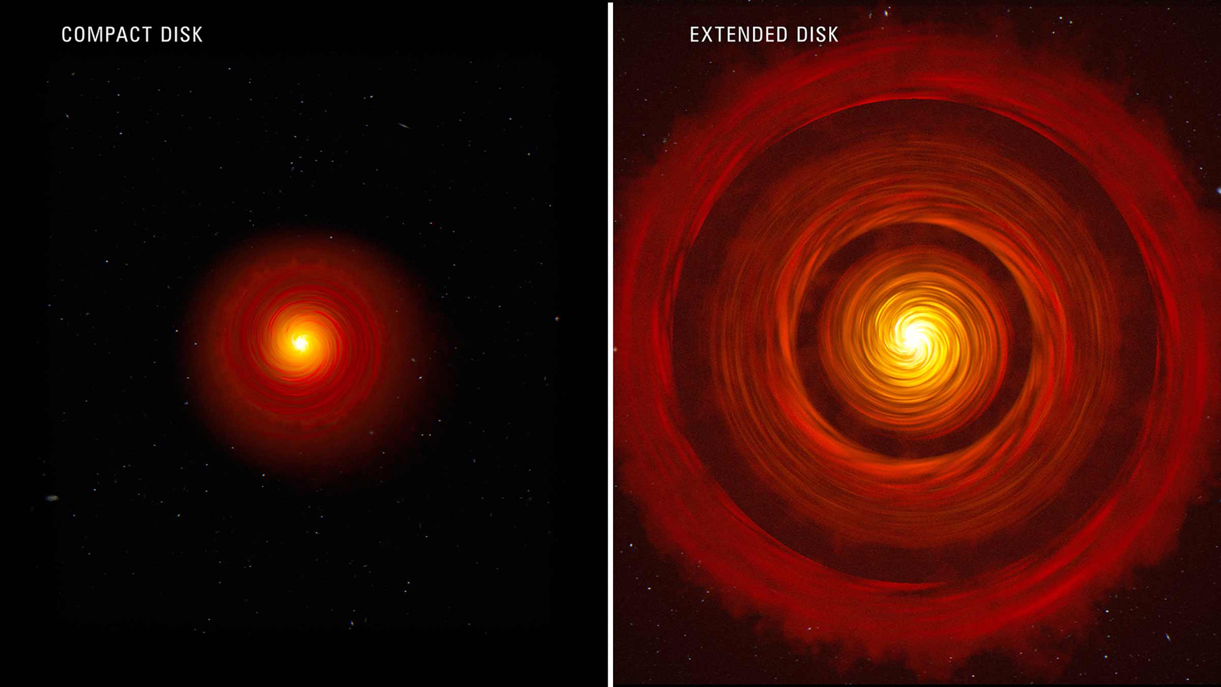 Two differing artistic impressions of disks viewed from the James Webb telescope.