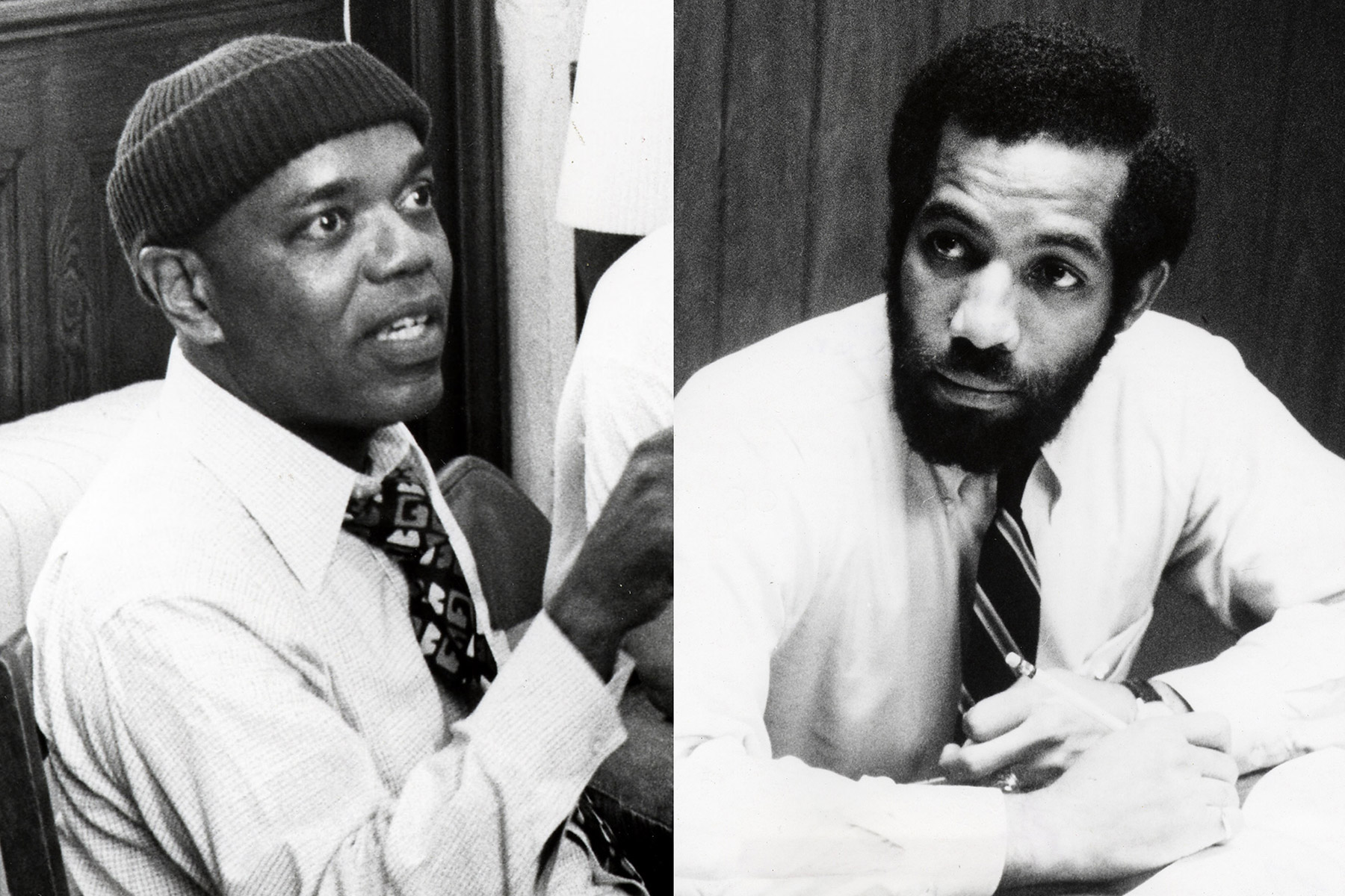This image contains two black and white photos placed side by side. The left image shows a person wearing a knit cap, a white shirt with a collar, and a patterned tie. The person appears to be a room of other people, not shown, and is speaking with finger up. The right image shows a person with black curly hair and beard, wearing a white shirt with a dark striped tie. The person is in a room with wood-paneled walls and appears to be listening to someone outside the frame.