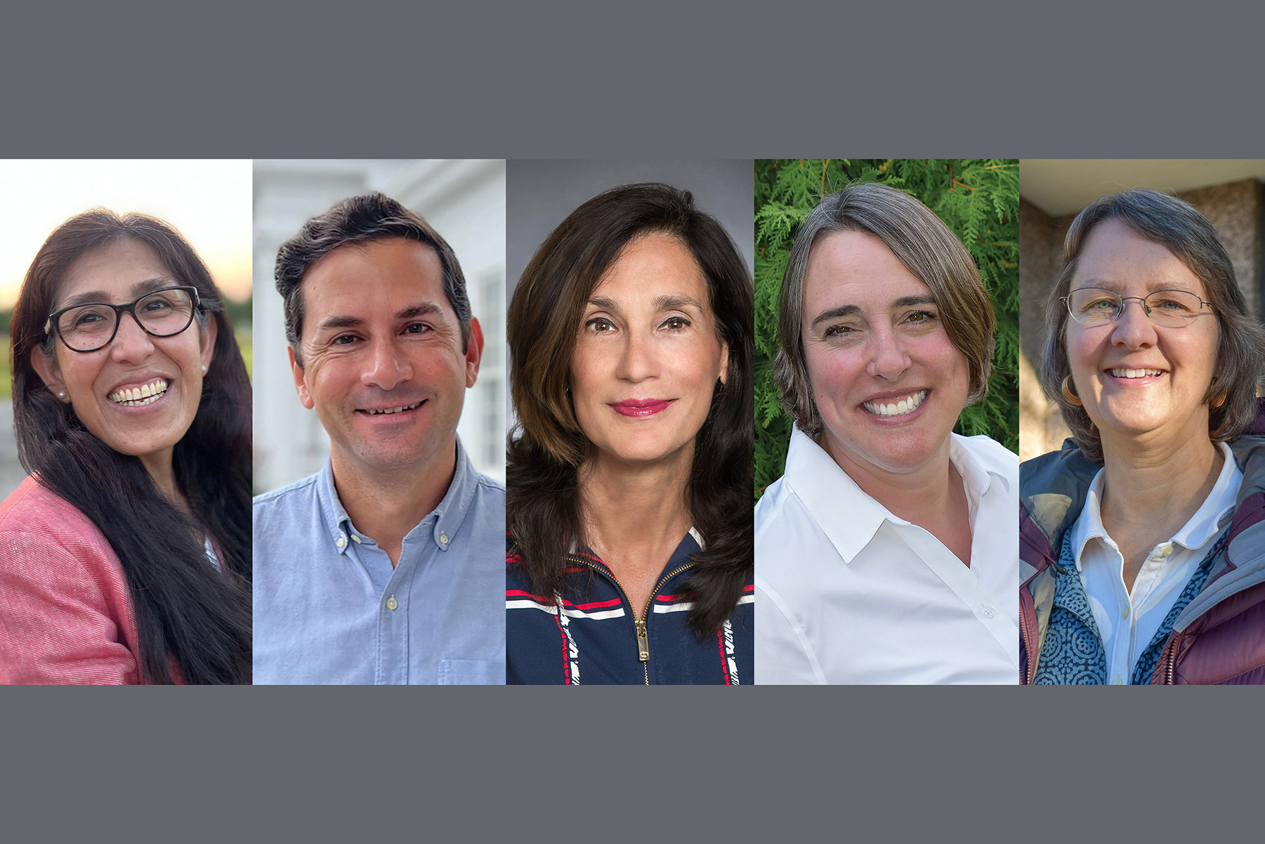 Collage of five people smiling for the camera.