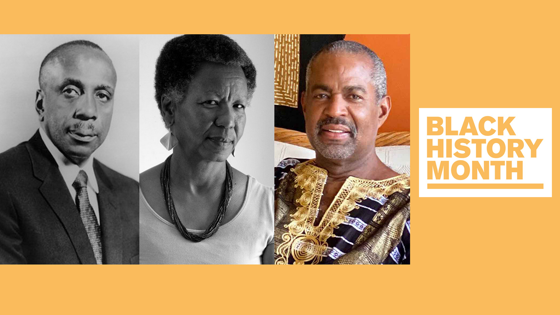 Collage of three people with the "Black History Month" logo.