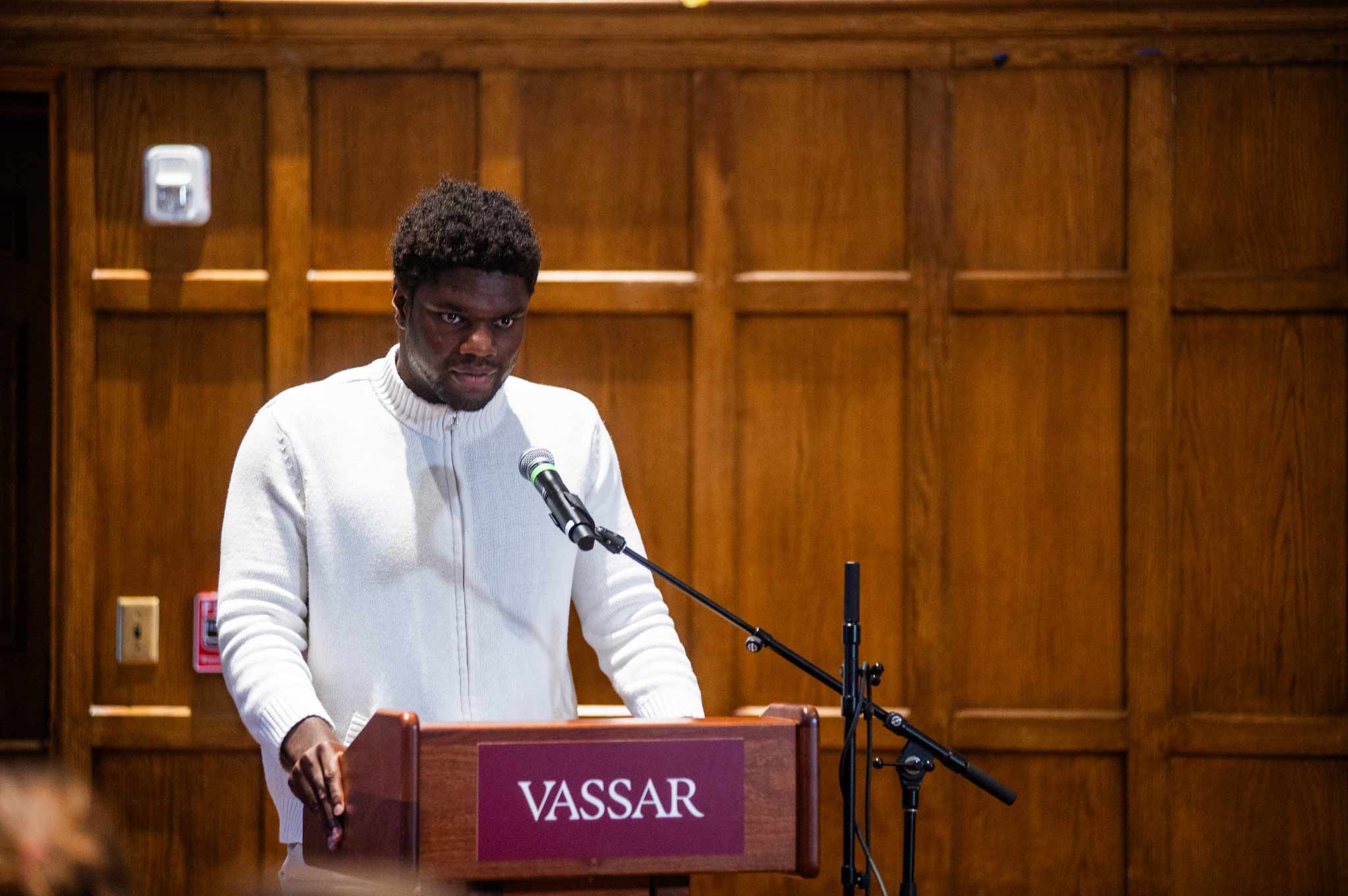 Croix Horsely ’26 speaking at Vassar College's MLK community gathering.