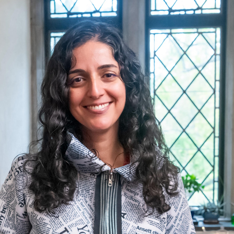 A person with long dark curly hair in font of a clear stained glass window.