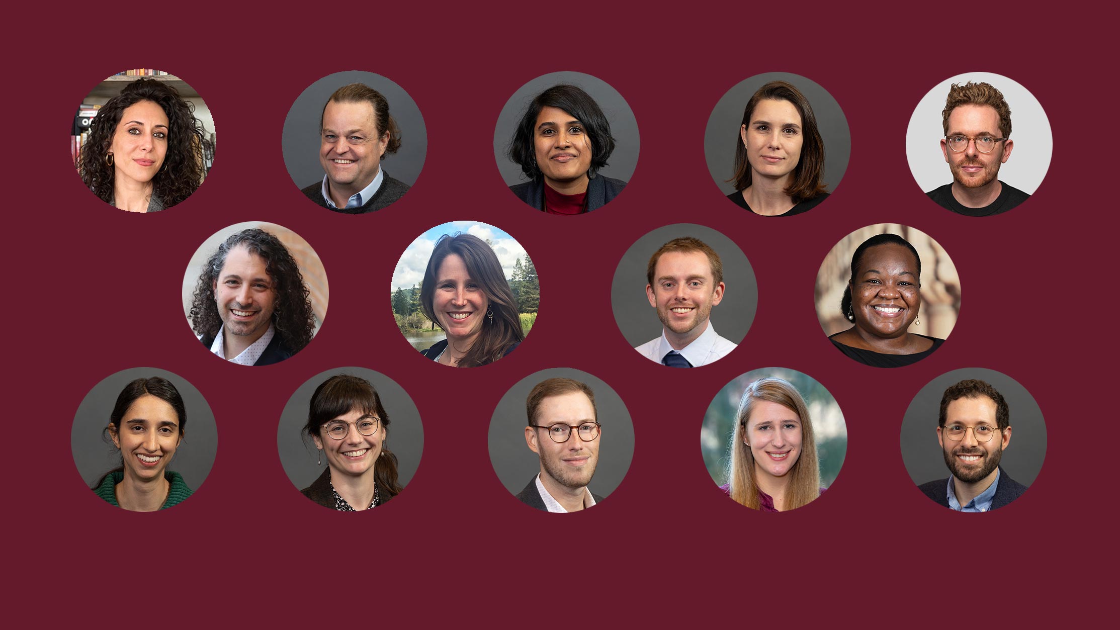 Photo collage with 14 circular headshots people in a grid on top of a textured maroon background.