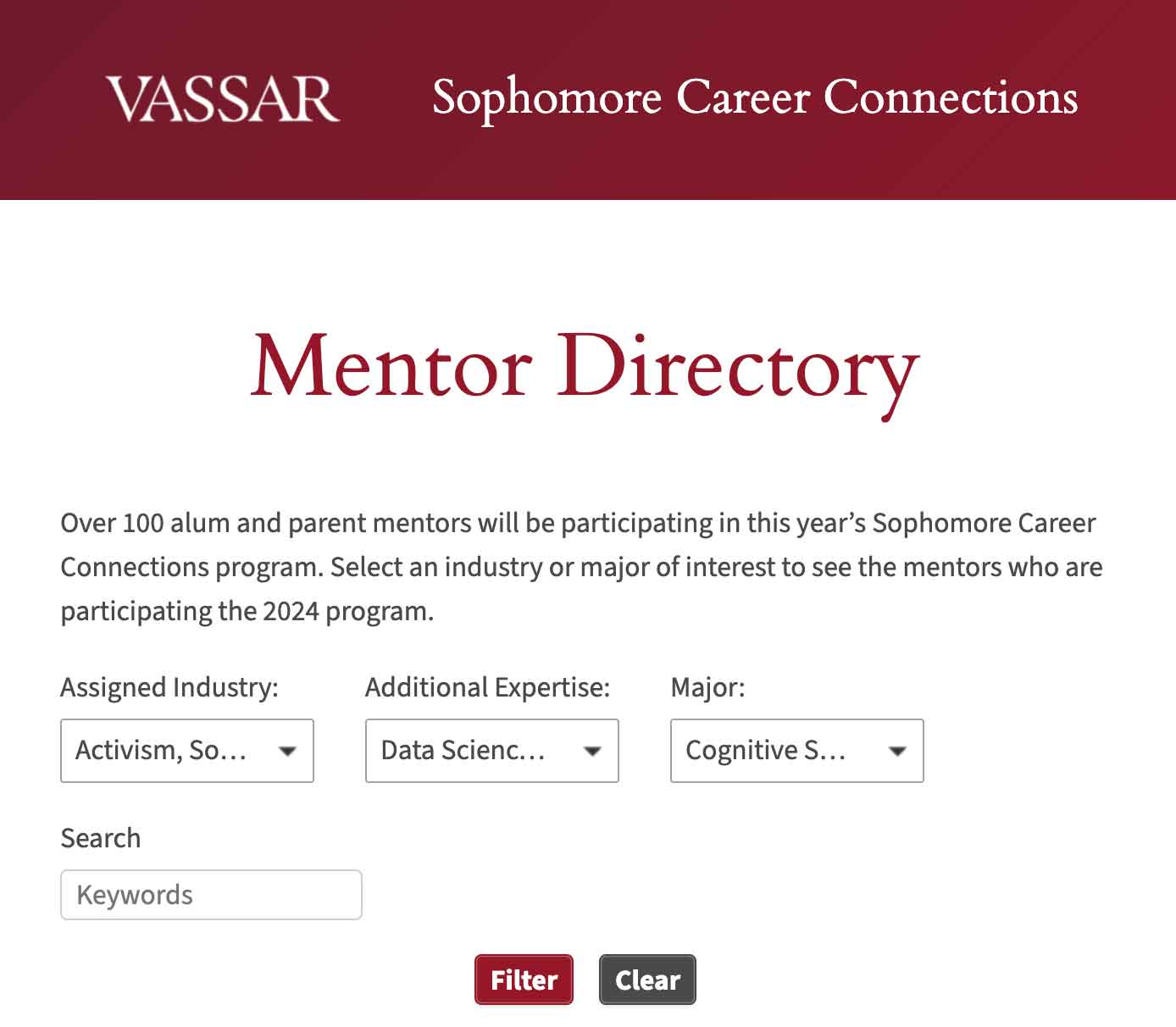 Screenshot of and link to the Vassar Sophomore Career Connections Mentor Directory with pulldown menus and search buttons