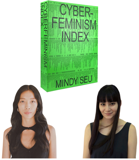 Image of two women with black shirts and long black hair pictured under a book cover that reads: Cyberfeminism Index.