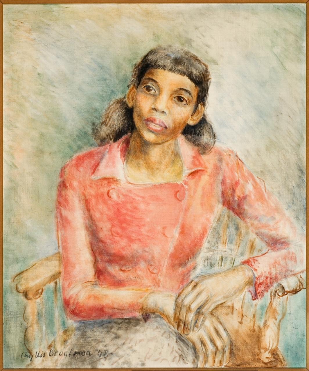 A painting of a person with long, straight, black hair and an orange shirt.