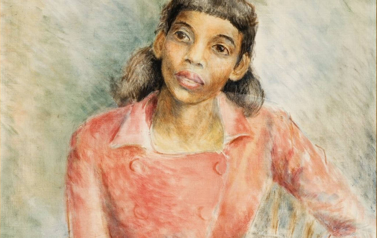 A painting of a person with long, straight, black hair and an orange shirt.
