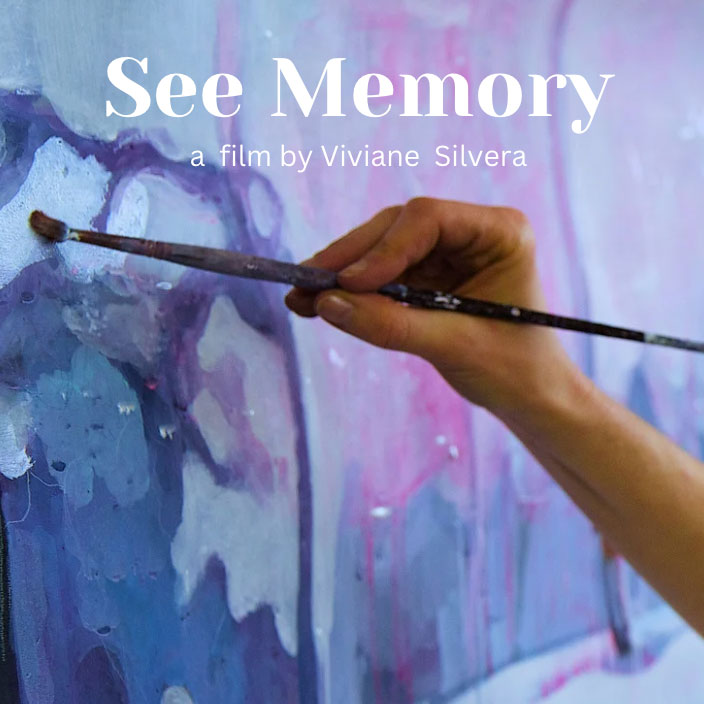 A hand holding a brush on a canvas with text that reads: See Memory, a film by Viviane Silvera