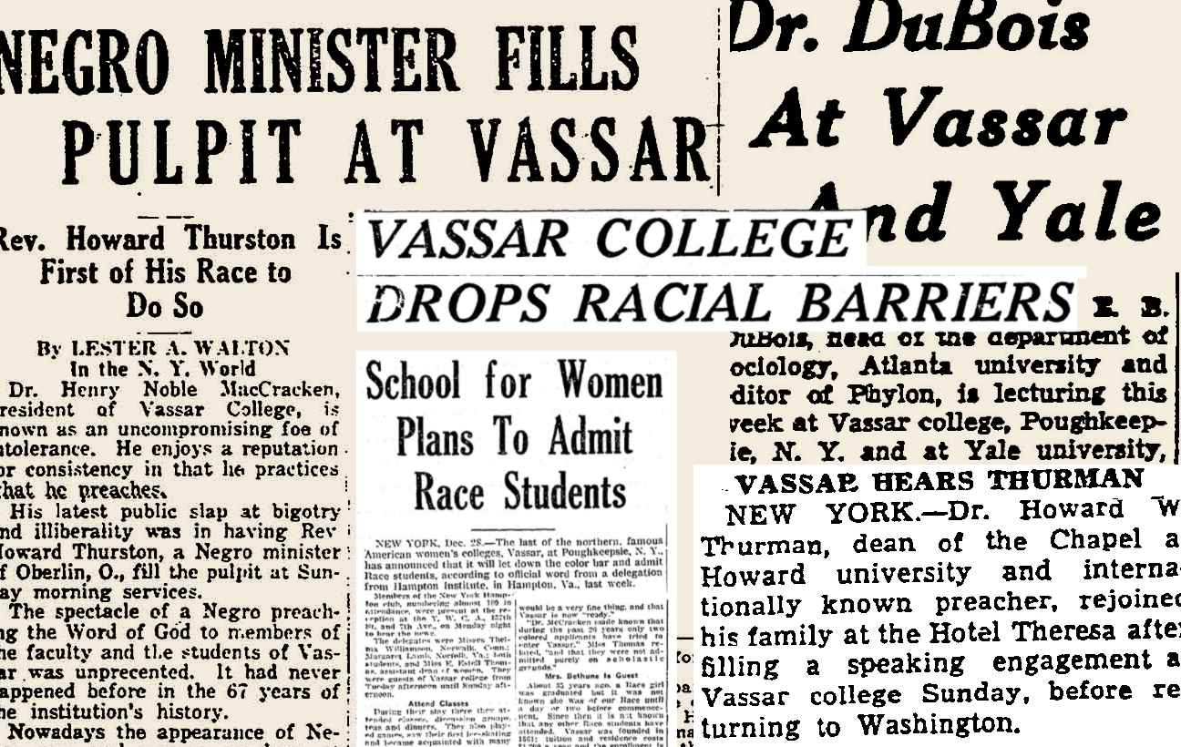 A collage of newspaper articles from the 1920s, 30s, and 40s. Headlines include 'Vassar Drops Racial Barriers' and 'Dr. DuBois At Vassar And Yale'.