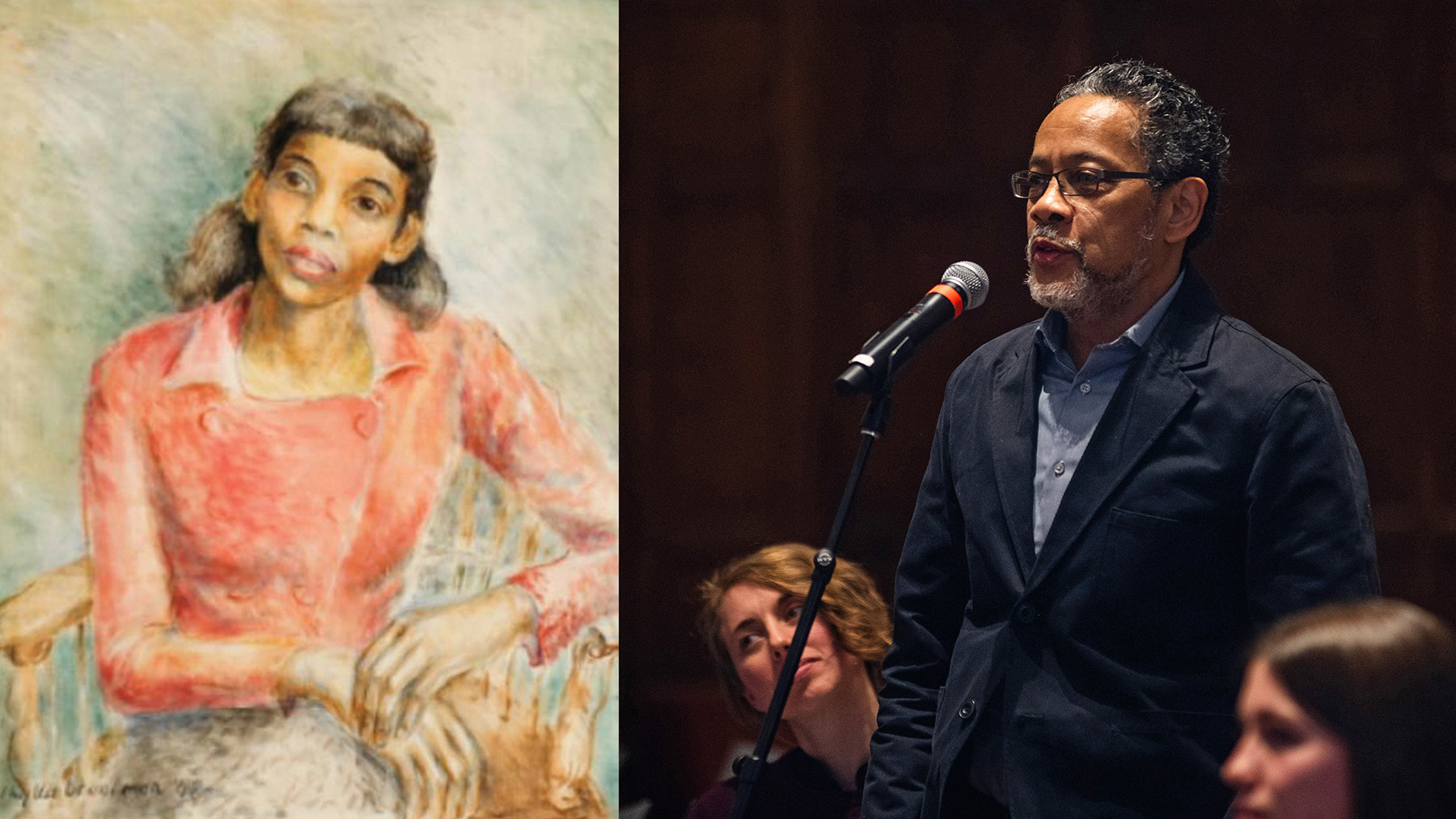 Side-by-side collage of two photos. The left is an old watercolor style painting of a woman with a red sweater sitting in a chair. The right picture is a man in a suit speaking at a microphone with audience members behind him.