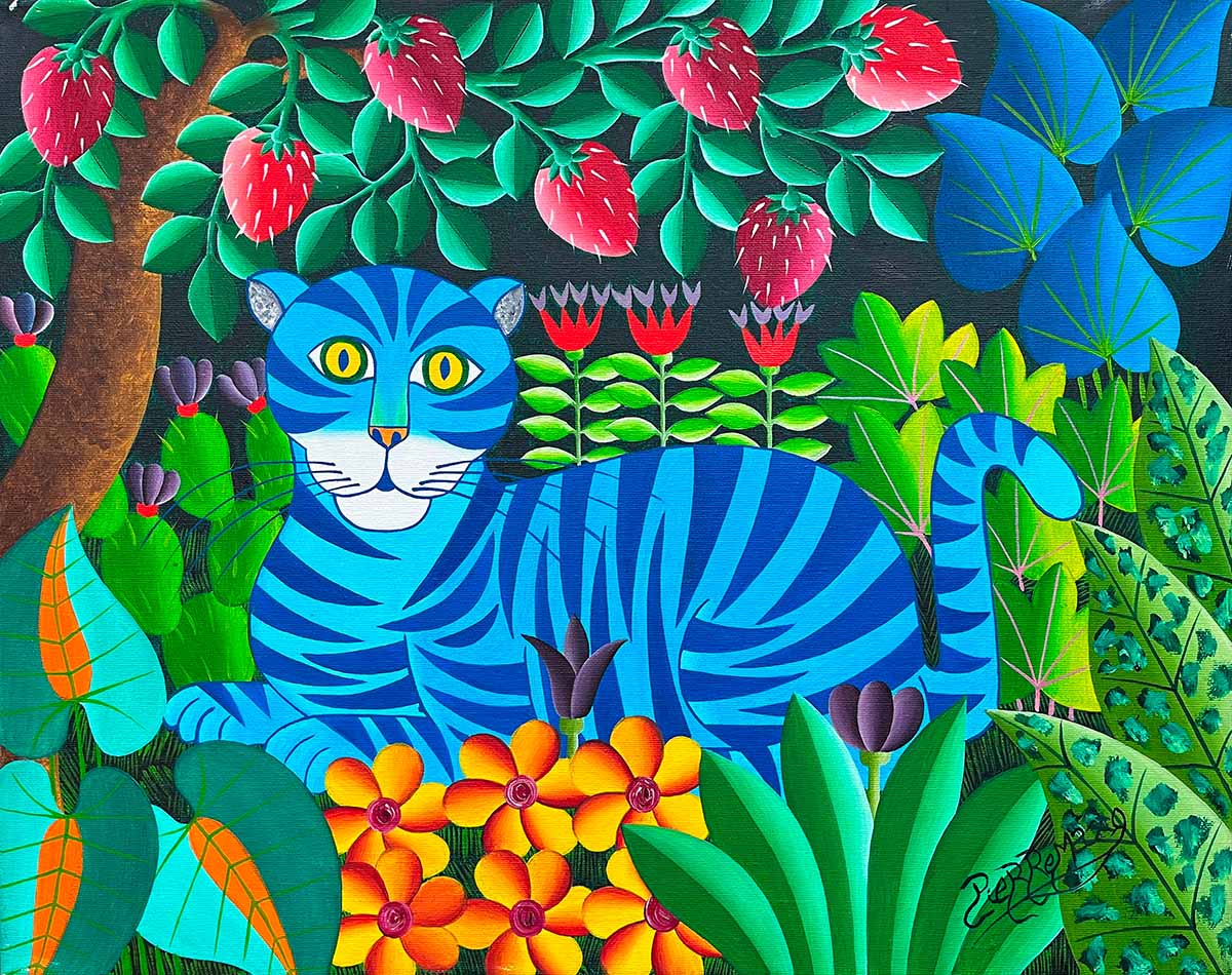 Pierre Maxo colorful painting of a blue tiger in the jungle. 