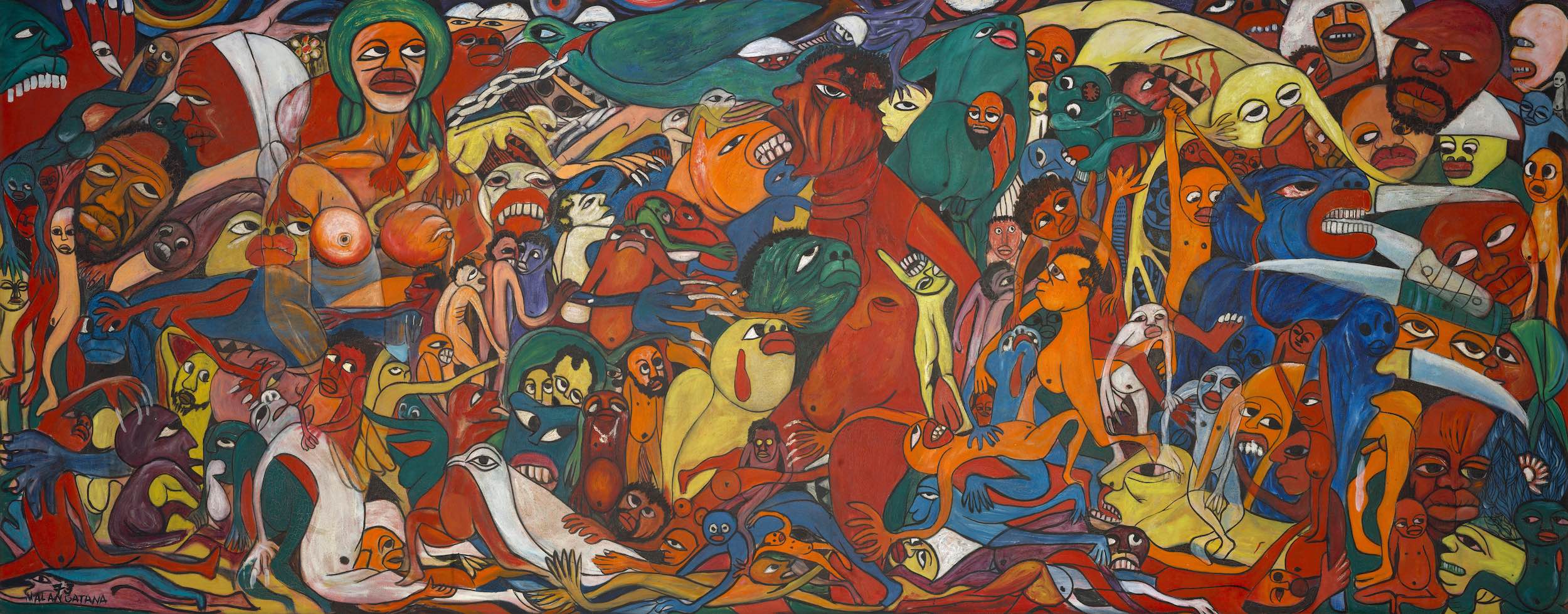 A painting depicting many colorful human bodies surrounding a single white dove.