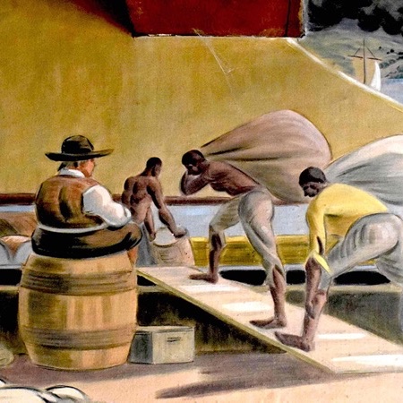 A painting of people working on a dock, carrying items across a gangplank to a ship.