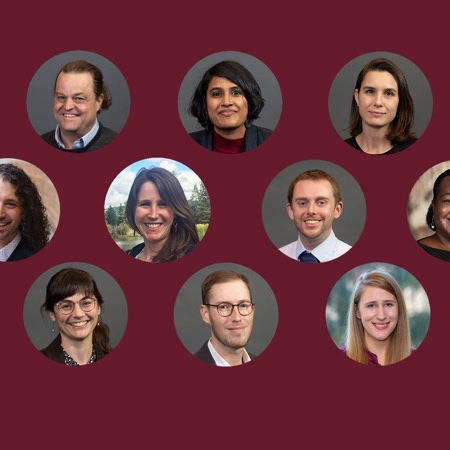 A graphic composition showing a collection of photo portraits on a burgundy background. The portraits are circular and feature a number of new faculty members.