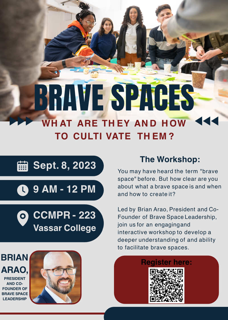 A poster with a group of people standing around a table covered with sticky notes. The poster has the text “Brave spaces: What are they and how to cultivate them? Sept. 8, 2023, 9 am to 12 pm, CCMPR223, Vassar College. Led by Brian Arao, president and co-founder of Brave Space Leadership.”