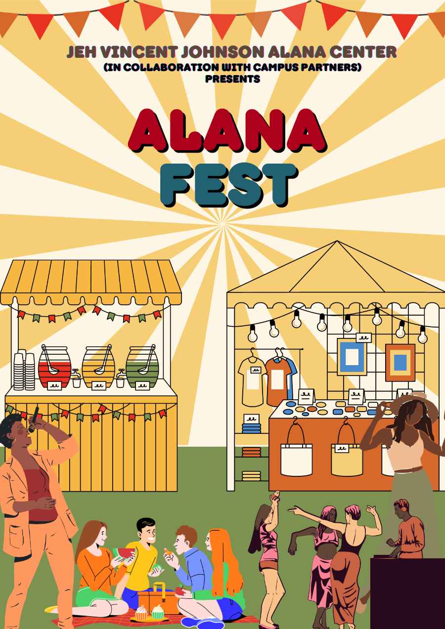 A colorful illustration of a festival with booths and people dancing.