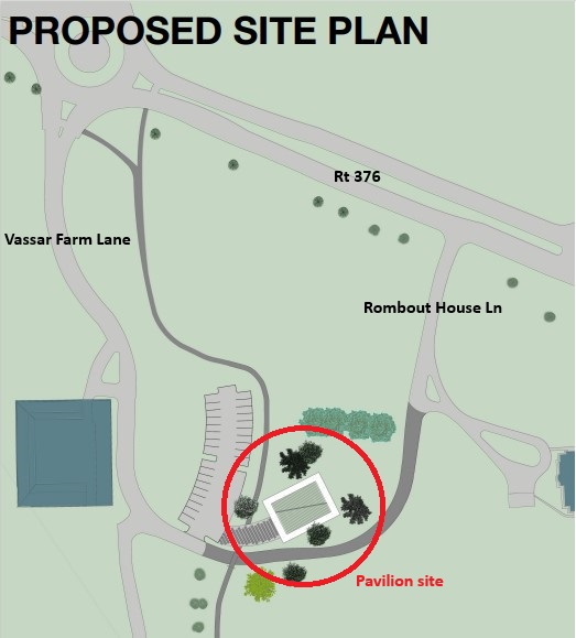Map of proposed site plan for a pavillion, circled in red, where Vassar Farm Lane meets Rombout House Lane.