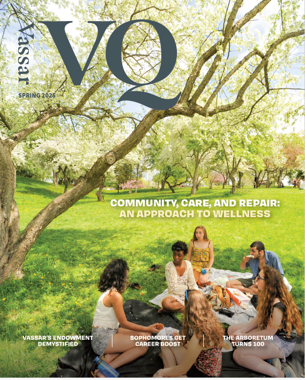 Cover of Vassar Quarterly (VQ) magazine, Spring 2025. An image of people sitting on covers eating a picnic outside under a tree on a beautiful sunny day. Overlayed is the title, 'Community, Care, and Repair: An Approach to Wellness'.