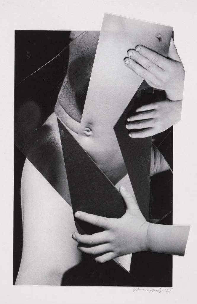 A black and white photocollage showing an assortment of elements, including hands and a woman's torso.