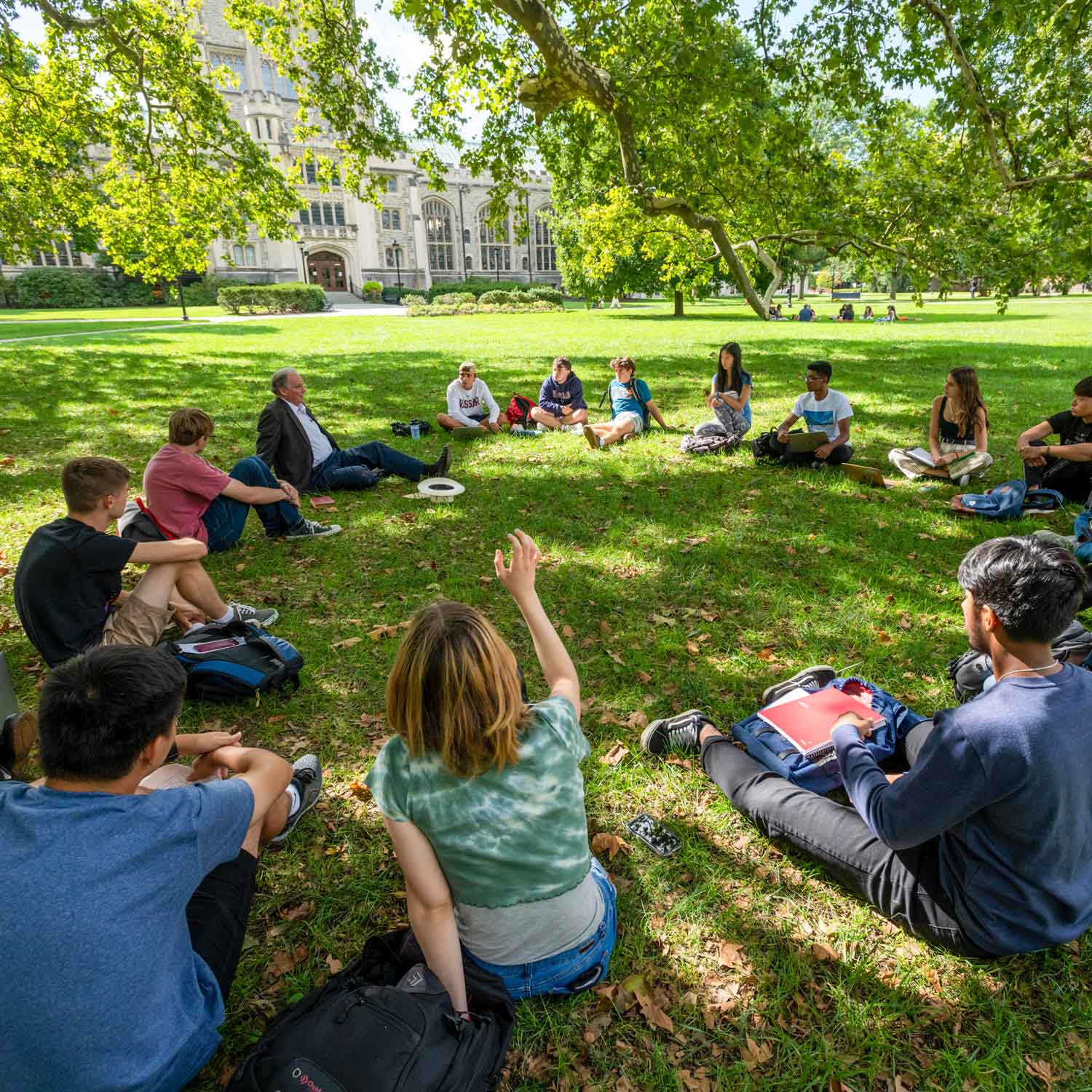 A group of people seated in a circle under a tree on a lawn.