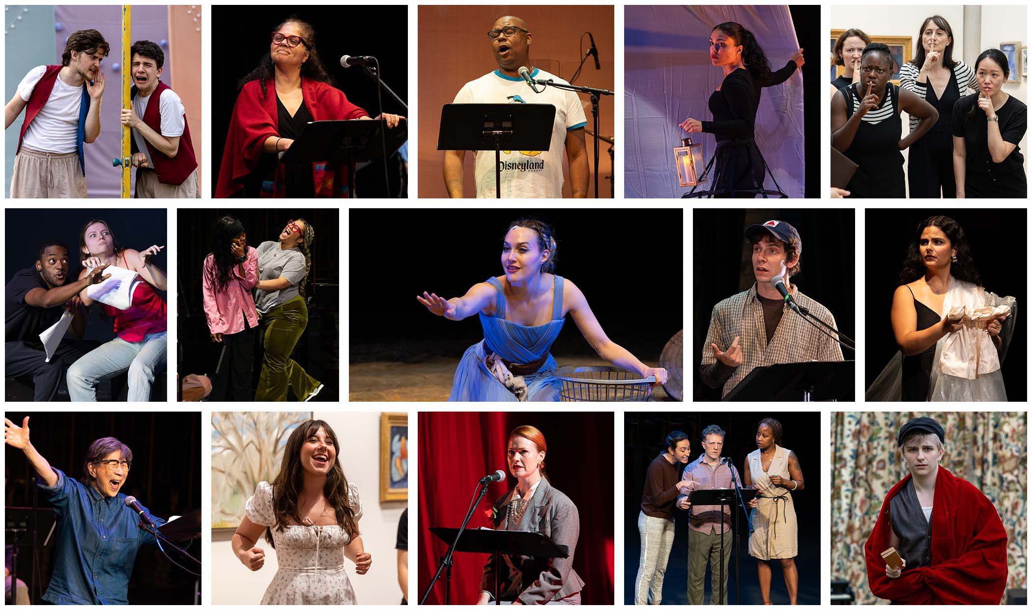 A collage of theatrical performance scenes featuring diverse actors in various expressive poses and costumes. Some performers are speaking or singing at microphones, while others are acting on stage in dynamic moments, conveying drama, humor, and emotion in different settings.