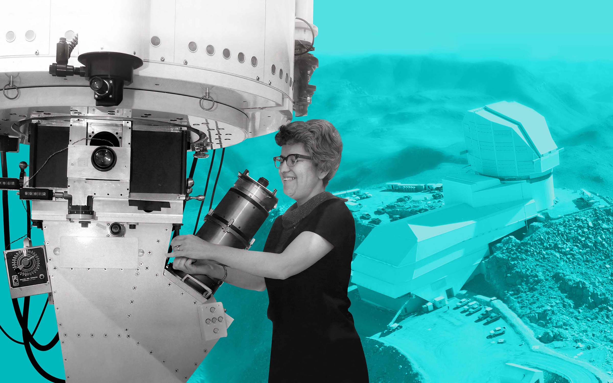 Astronomer Vera Rubin smiling while working with a large telescope, overlaid on a turquoise-tinted background featuring the modern Vera C. Rubin Observatory complex on a mountain ridge.