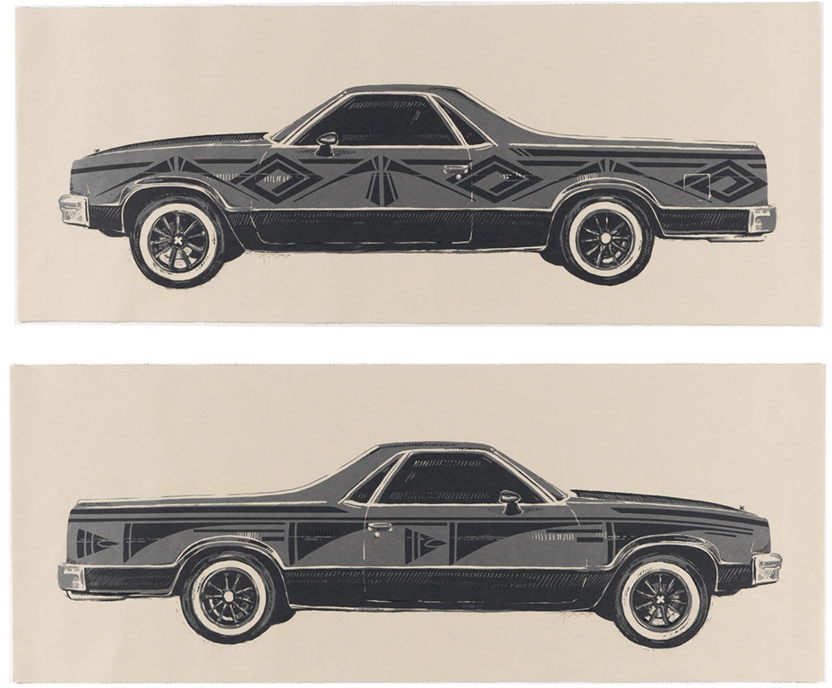 Illustrative diptych of two side views of one car in black and white.
