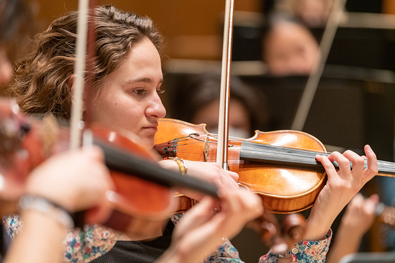 Detail of performance focused on a violinist actively playing.