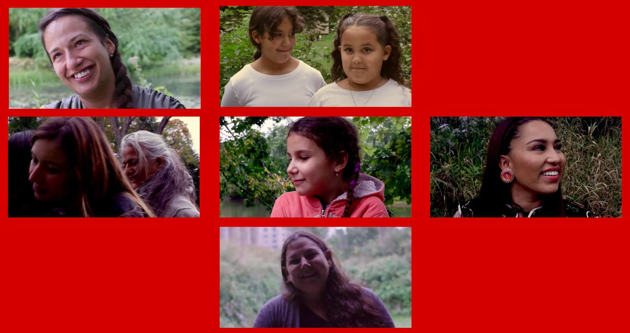 6 images of Indigenous women in a grid on a red background