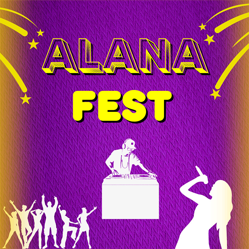 Alana Fest poster. A purple graphic background with decorative silhouettes of singers and dancers.